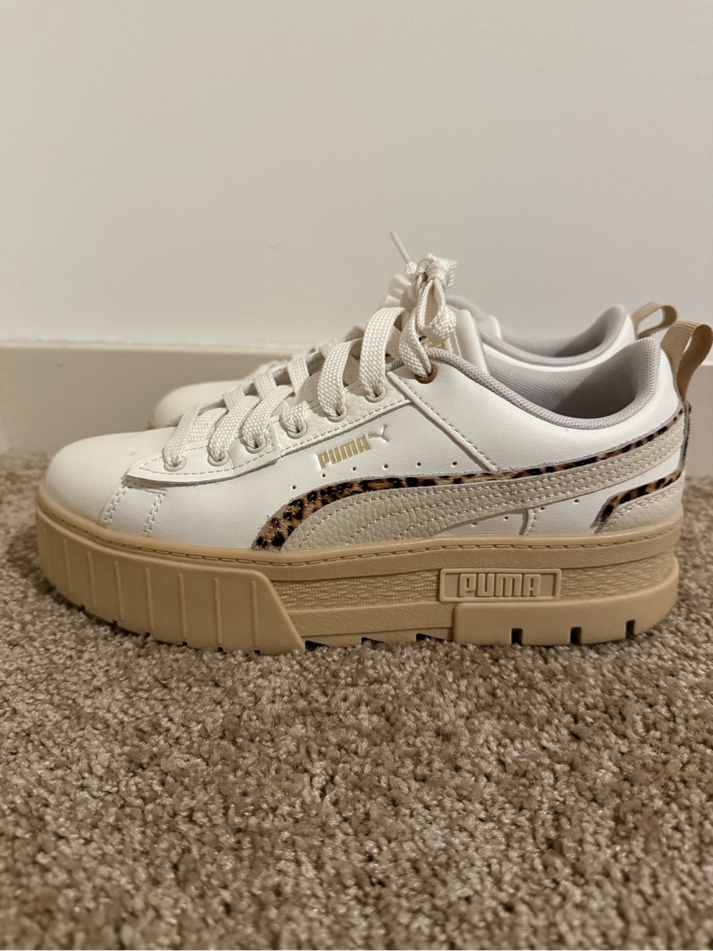 Puma White Sneakers with Tan Platform and Leopard Accent